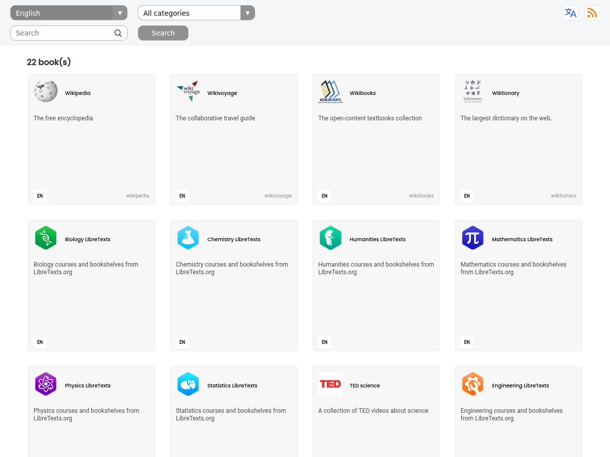 The Kiwix library page listing the books on the server