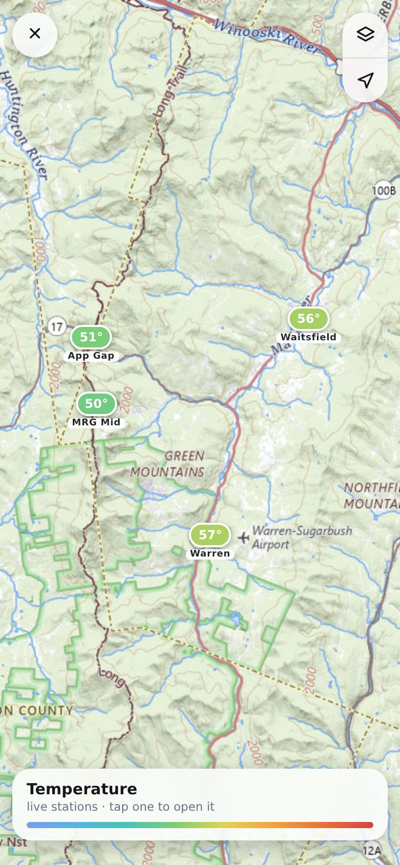 Live station temperatures on a topo map