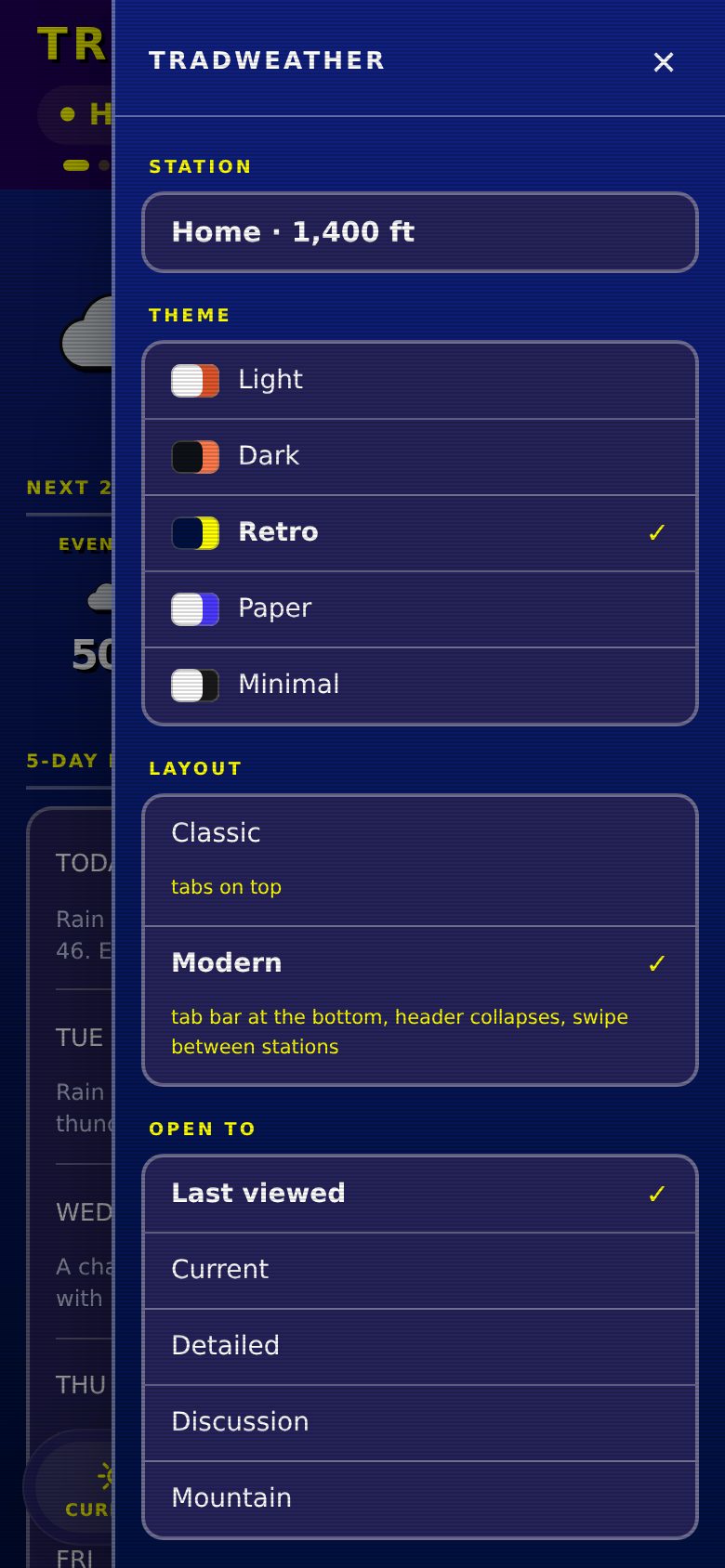 Menu with station, theme, layout and open-to settings
